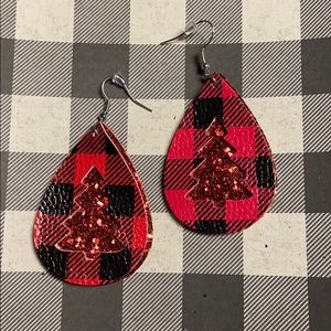 Buffalo plaid red tree earrings